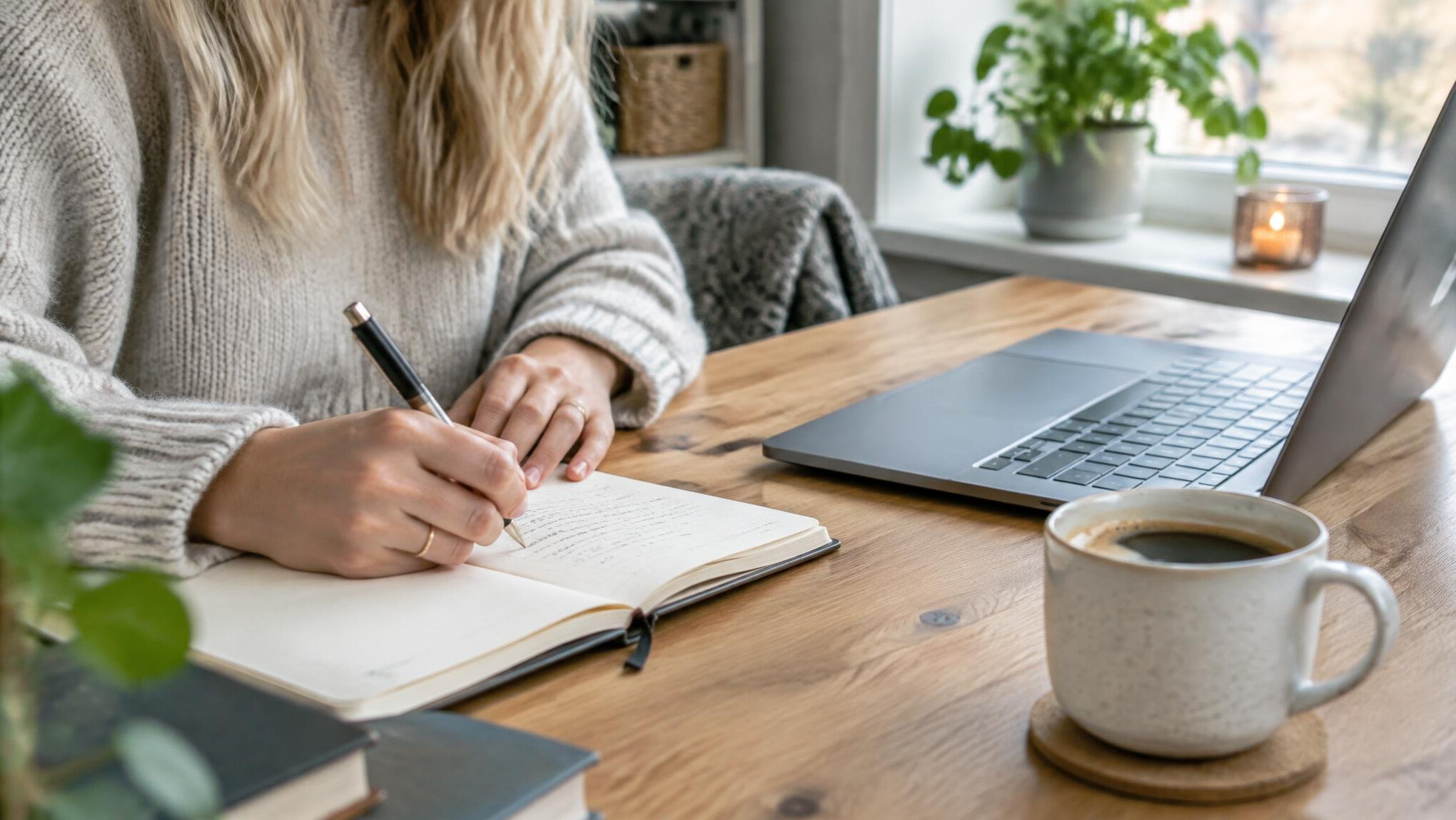 Person writing notes at a wooden desk with laptop and coffee