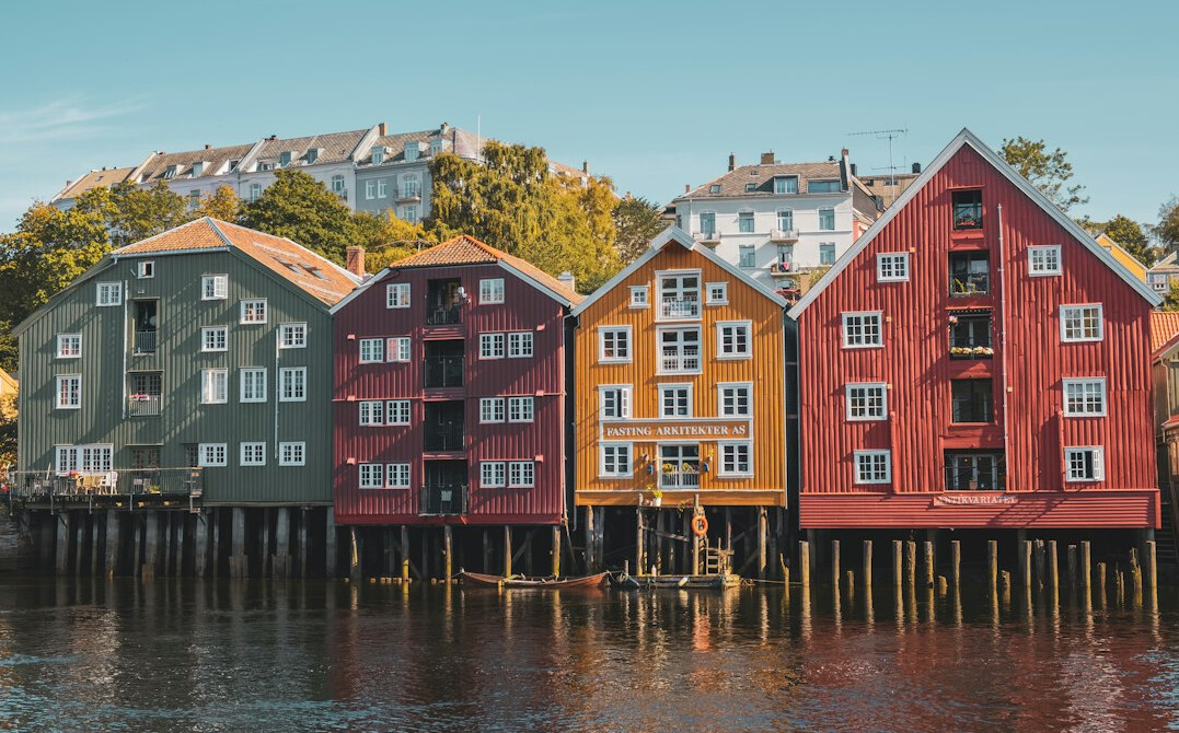 Coastal Danish town with colorful houses by the water