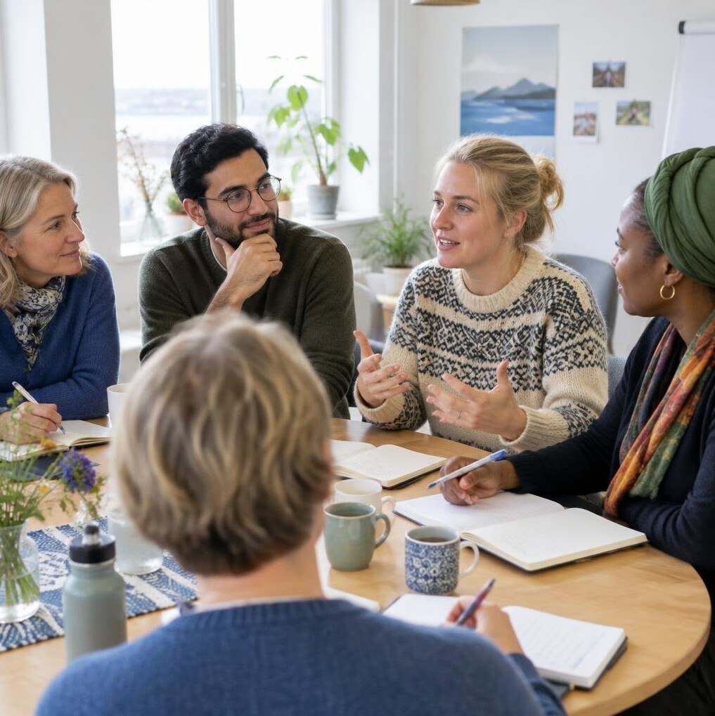 Group of people participating in a writing workshop around a table
