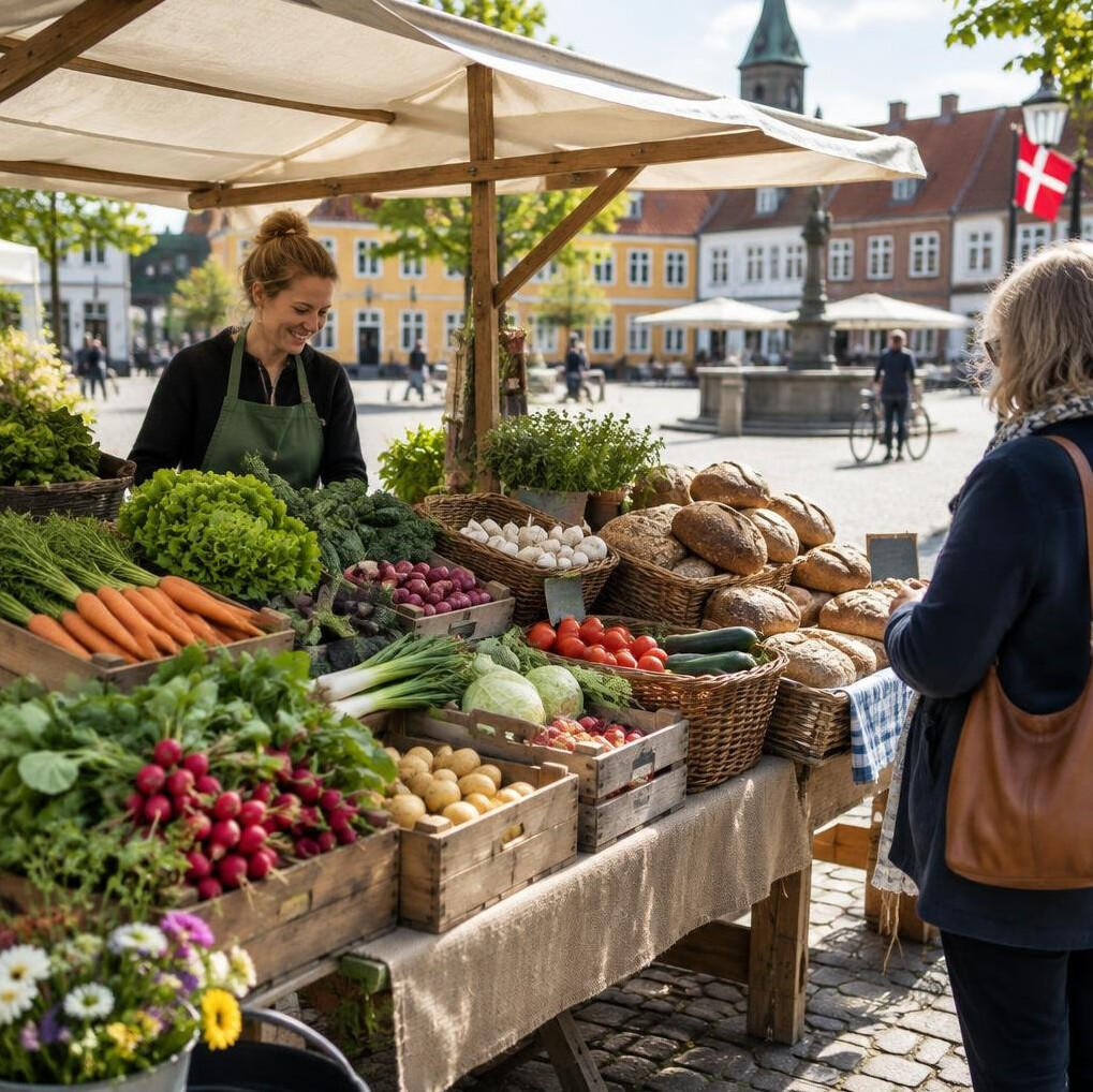 Local outdoor market stall with fresh produce in a Danish town